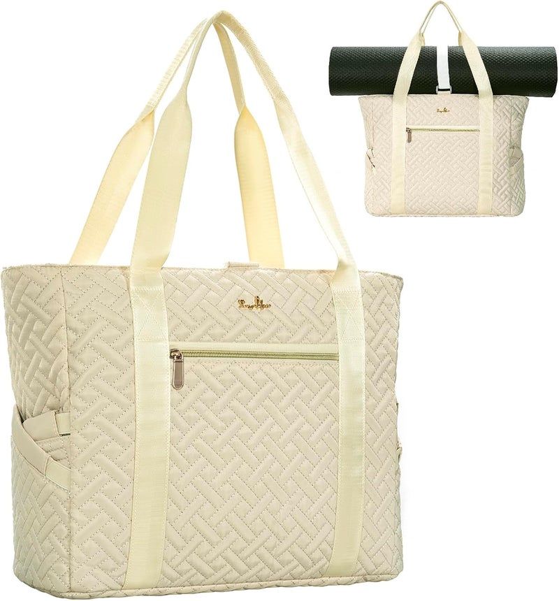 LASUK Tote Bag For Women, Checkered Zipper Laptop Shoulder Bag, Gym Tote Bag with Yoga Mat Bag, for Gym, Work, Travel, Shop - Image 1